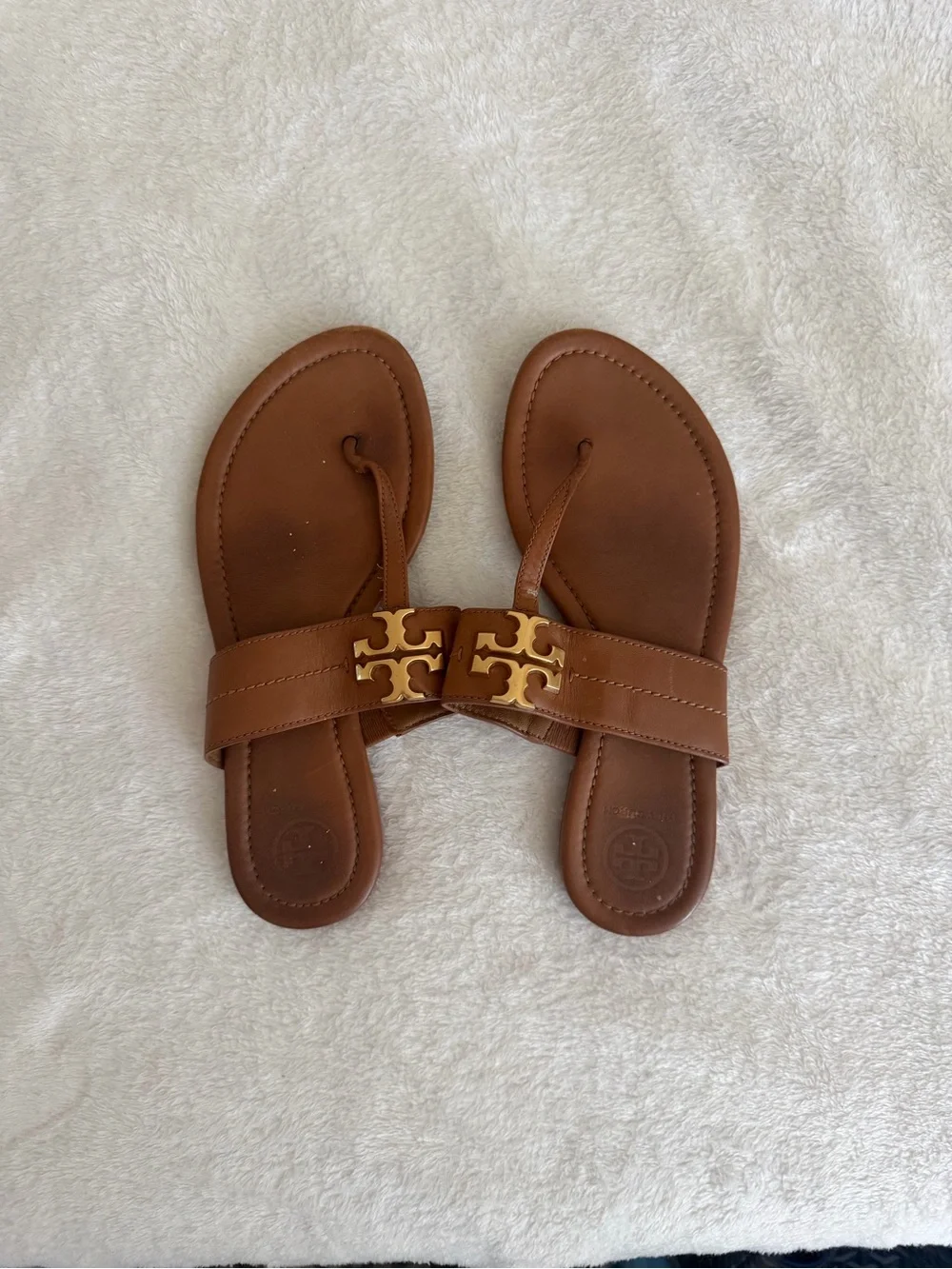 Tory Burch Brown Leather Logo Thong Sandals with Gold Hardware